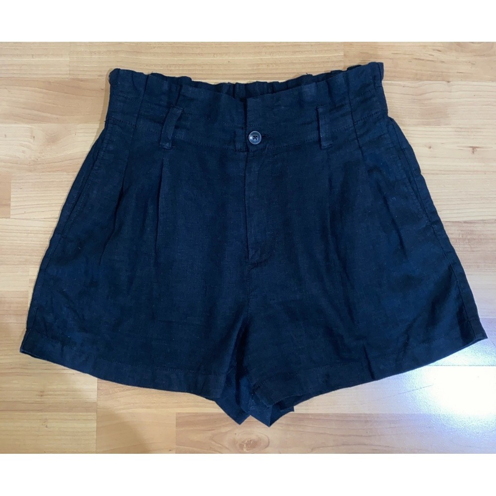 Madewell Shorts Womens Size 4 Black Pleated High‎ Rise Linen Blend Zip 4" Inseam